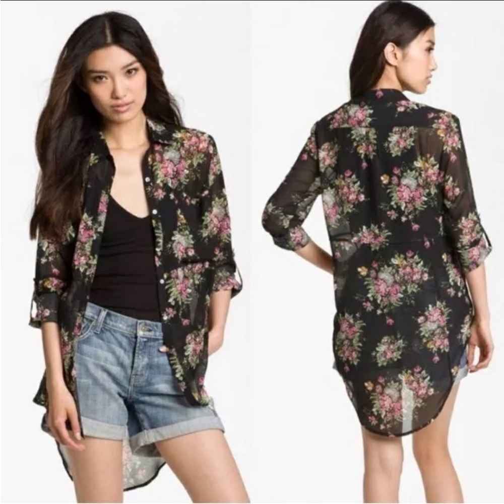 Line & dot sheer black floral oversized button front blouse size M/L